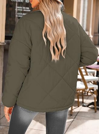 Women's Winter Casual Quilted Jackets Long Sleeve Button Down Puffer Jacket Padded Outerwear Coats