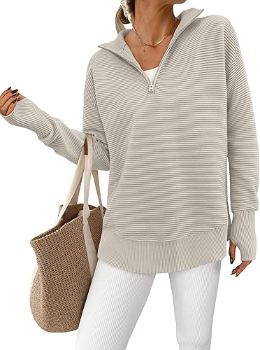 Long Sleeve Quarter Zip Pullover Sweater Casual Loose V Neck Collared Ribbed Knit Jumper Tops