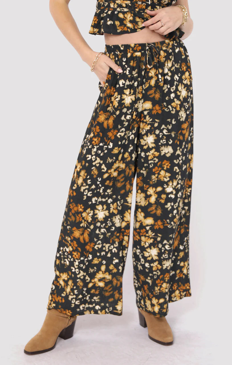 Vintage Floral Print Drawstring-Waist Wide-Leg Pants
