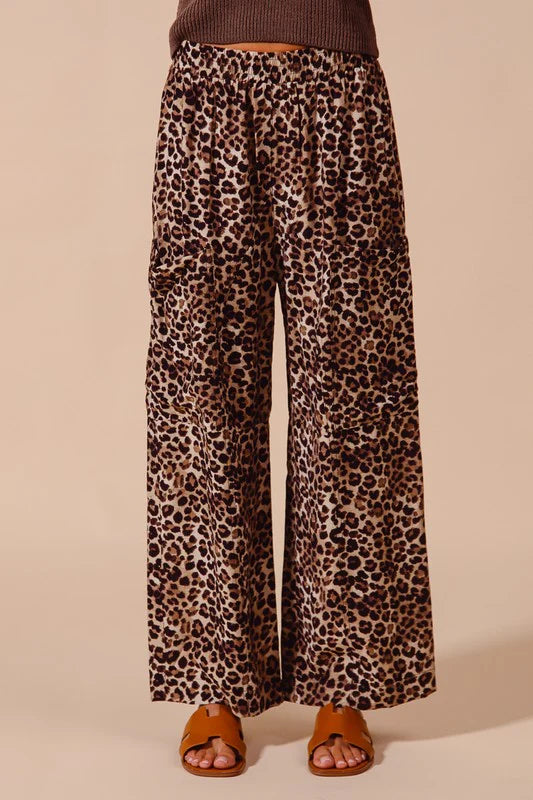 Classic Leopard Print Elastic-Waist Wide-Leg Pants